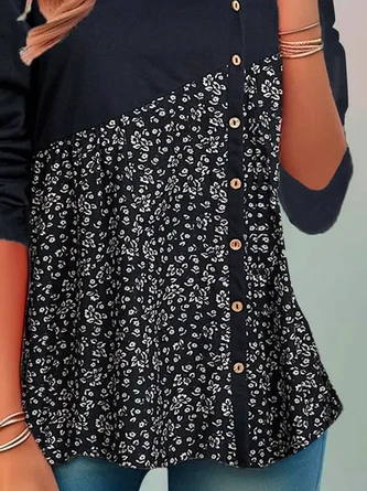 Plus Size Crew Neck Casual Buttoned Floral T-Shirt 3 Plus Size Crew Neck Casual Buttoned Floral T-Shirt - Image 3