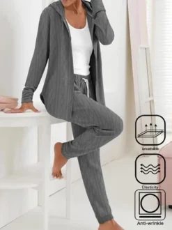 Casual Loose Jacquard Top With Pants Plain Long Sleeve Hoodie Two-Piece Set