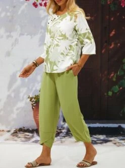 Casual Leaf Asymmetrical Collar Two-Piece Set -Zolucky Sales Store 8d3cde45be7903a80d4252ddf22595d3