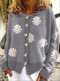 Long Sleeve Cotton-Blend Shift Floral Sweater