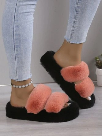 Casual Color Block Double Strap Fluffy Slippers 12 Casual Color Block Double Strap Fluffy Slippers - Image 12