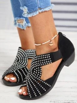 Black Rhinestone Hollow Peep Toe Chunky Heel Dress Sandals -Zolucky Sales Store 8eed70c1d916141495d0ae3d317641d0