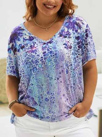 Plus Size Casual Geometric Abstract Floral Printed Off Shoulder Loosen Short Sleeve T-Shirt 2 Plus Size Casual Geometric Abstract Floral Printed Off Shoulder Loosen Short Sleeve T-Shirt - Image 2