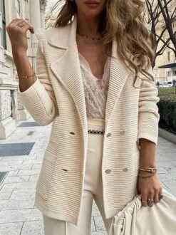 Plain Long Sleeve Buckle Lapel Collar Casual Blazer
