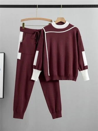 Yarn/Wool Color Block Crew Neck H-Line Long Sleeve Top With Pants Heavyweight Warmth Casual Two-Piece Set 4 Yarn/Wool Color Block Crew Neck H-Line Long Sleeve Top With Pants Heavyweight Warmth Casual Two-Piece Set - Image 4