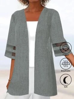 Casual Wrap Plain Loose Mesh Striped Patchwork 3/4 Sleeves Kimono