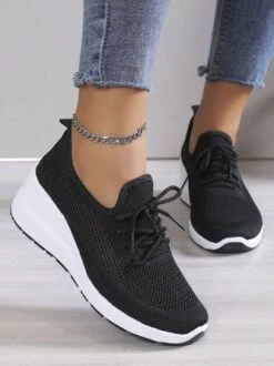 Casual Lace-up Decor Breathable Flyknit Wedge Heel Slip On Sneakers -Zolucky Sales Store 9113288595555fe423cbcc637eec2c86
