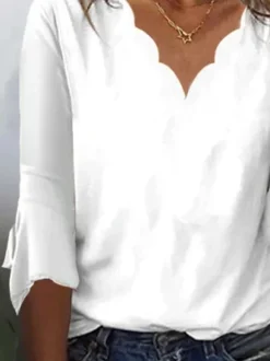 V Neck Plain Loose Ruffled Sleeves Casual T-Shirt -Zolucky Sales Store 91a2da53214d10eeac3b4498a728e2e3