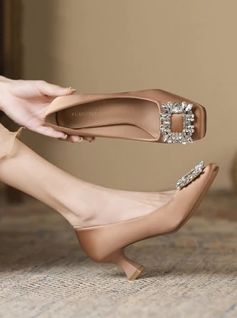 Square Rhinestone Decor Satin Square Toe Spool Heel Pumps 3 Square Rhinestone Decor Satin Square Toe Spool Heel Pumps - Image 3
