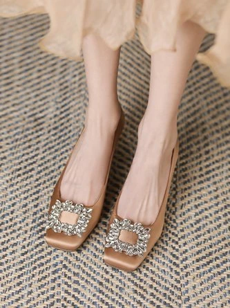 Square Rhinestone Decor Satin Square Toe Spool Heel Pumps 2 Square Rhinestone Decor Satin Square Toe Spool Heel Pumps - Image 2