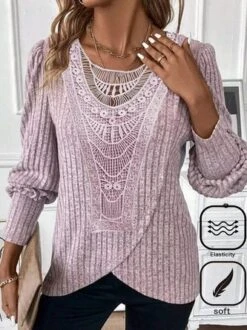 Plus Size Crew Neck Casual Lace Plain T-Shirt