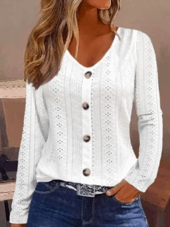 Buttoned Plain Casual Eyelet Embroidery Shirt