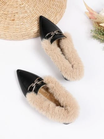 Women Metal Decor Commuting Furry Synthetic Leather Loafers 6 Women Metal Decor Commuting Furry Synthetic Leather Loafers - Image 6