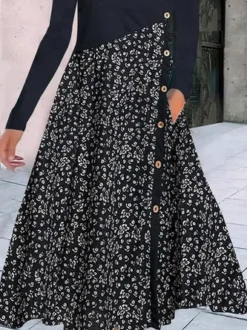 Buttoned Loose Floral Daily Casual Jersey Crew Neck A-Line Long Sleeve T-Shirt Dress -Zolucky Sales Store 94e21ce2cf72a08e21cfb55df75c9638