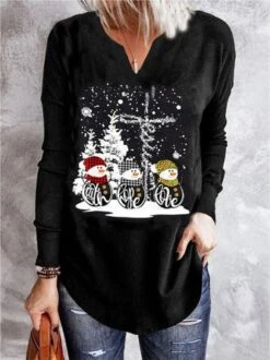 Plus Size Casual Jersey Christmas Snowman T-Shirt Xmas T-shirt