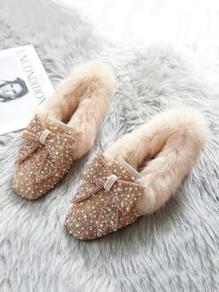Rhinestone Imitation Pearl Bowknot Furry Party Slip On Shoes -Zolucky Sales Store 964d8169f6b034c7f12e01fbc42a9ab0