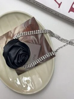 Romantic Satin Rose Rhinestone Choker -Zolucky Sales Store 978fd7cf453b7fe379cff236aeef9524