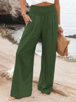 Cotton Casual Plain Scramble Wide Leg Pants With Elastic Band -Zolucky Sales Store 9797c0ea6f5457ced18389f421cb0892