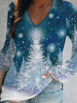 Casual Christmas Trees Long Sleeve V Neck Printed Top T-shirt TUNIC Xmas T-shirt -Zolucky Sales Store 985bfce44c2c29ab4570b51e63e0da20