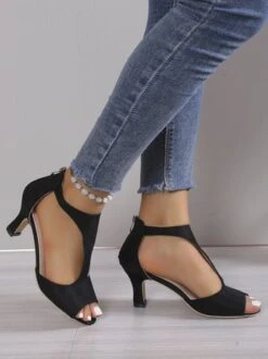 Black Suede Cutout Strap Peep Toe Mid Heel Sandals -Zolucky Sales Store 98e76444fec1b454da616d4556f7bde4