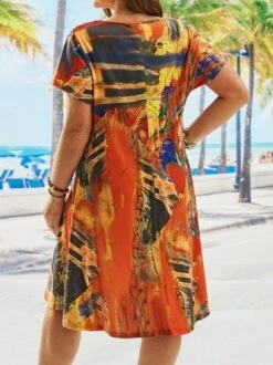 Plus Size V Neck Abstract Printed Casual Loose Dress -Zolucky Sales Store 9949126052ec7c68f98ad176d2301ac0