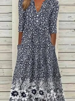Casual Floral Woven Notched Neckline Maxi Dress -Zolucky Sales Store 995db658896bdfde6d18dbb2ab517b33