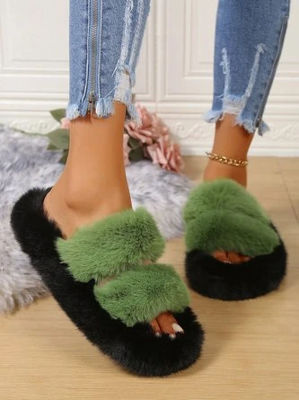 Casual Color Block Double Strap Fluffy Slippers 2 Casual Color Block Double Strap Fluffy Slippers - Image 2