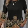 Plus Size Ethnic Daily Casual Loose H-Line Long Sleeve T-Shirt