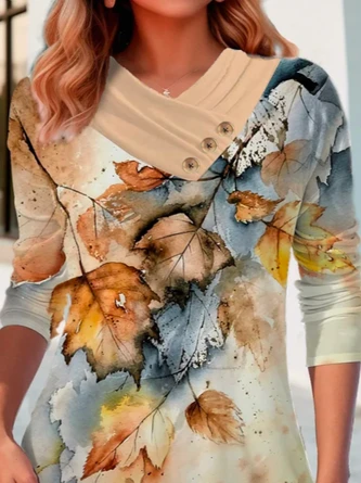 Plus Size Maple Leaf Buckle Asymmetrical V Neck Jersey Casual Loose T-Shirt 2 Plus Size Maple Leaf Buckle Asymmetrical V Neck Jersey Casual Loose T-Shirt - Image 2