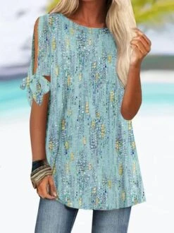 Crew Neck Floral Printed Knot Cuff Blouse -Zolucky Sales Store 9b5a6e2392500cf738996719f882d03f