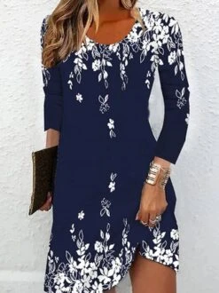 Plus Size Crew Neck Casual Floral Dress