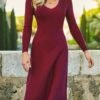 Plain Long Sleeve V Neck Casual Dress