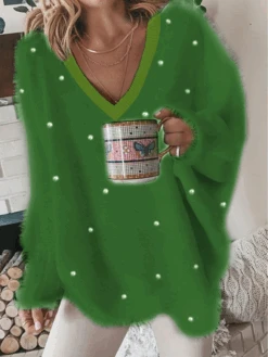 Fuzzy V Neck Pearl Beading Casual Knitted Winter Heavyweight Plain Long Sleeve Sweater -Zolucky Sales Store 9d0af3255b4c25a6fc2eb86d9c225fc4