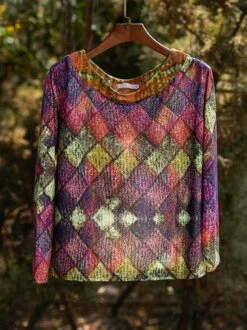 Abstract Crew Neck Knitted Shirt & Top