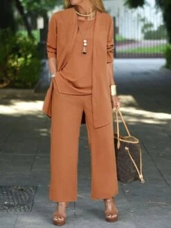 Casual Plain Jersey H-Line Long Sleeve Matching Outfit