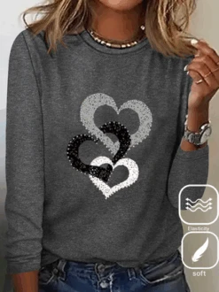 Heart/Cordate Print Valentine's Day Loose Casual Jersey Crew Neck Long Sleeve T-Shirt