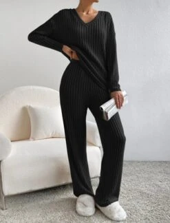 Plain V Neck Long Sleeve Top With Pants Loose Casual Two-Piece Set 34 Plain V Neck Long Sleeve Top With Pants Loose Casual Two-Piece Set -Zolucky Sales Store 9f4805da5e236b85367b4c375f67e087