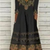 Vintage V Neck Ethnic Jersey Casual H-Line 3/4 Sleeve Midi Dress
