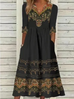 Vintage V Neck Ethnic Jersey Casual H-Line 3/4 Sleeve Midi Dress