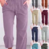 Women's Casual Summer Linen Pants High Waisted Loose Yoga Sweatpants Crop Pants With Pockets