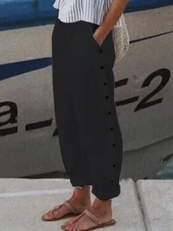 Loose Casual Cotton Linen Elastic Waist Pants With Pockets And Buttoned Design -Zolucky Sales Store a0a4d4e9b8ae4ab2587ccca9131b59af