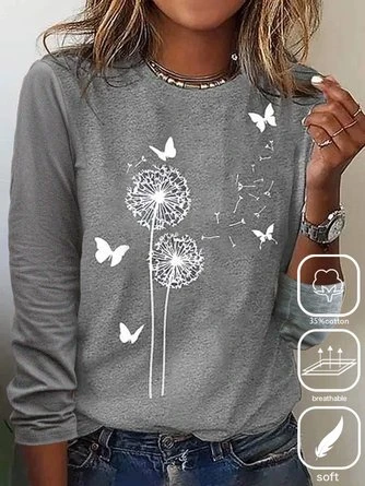 Plus Size Cotton-Blend Dandelion Crew Neck Casual T-Shirt 1 Plus Size Cotton-Blend Dandelion Crew Neck Casual T-Shirt