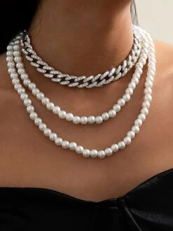 Elegant Rhinestone Chain Imitation Pearls Multi-layer Necklace