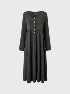 Cotton Mixed Plain Button Simple Midi Dress -Zolucky Sales Store a33573fcd3b49f65352530733138f172