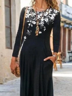 Casual Crew Neck Long Sleeve Printed Knitting Dress -Zolucky Sales Store a3605fd402ed162f03435c2b8e9404fd