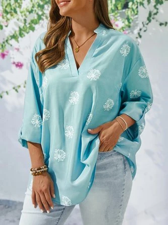 Plus Size Vintage V Neck Dandelion Printed Casual Top 2 Plus Size Vintage V Neck Dandelion Printed Casual Top - Image 2