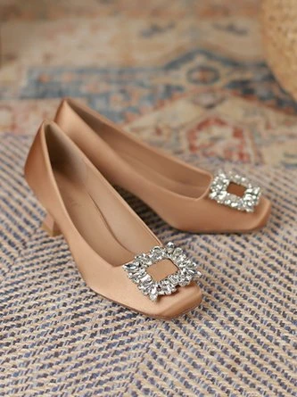 Square Rhinestone Decor Satin Square Toe Spool Heel Pumps 6 Square Rhinestone Decor Satin Square Toe Spool Heel Pumps - Image 6