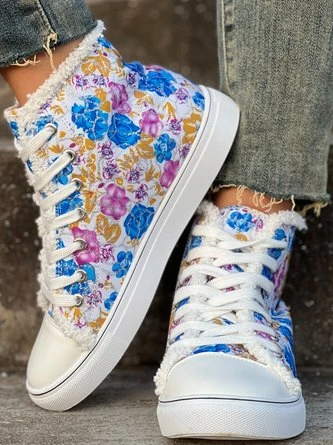 Casual Blue Floral Faux Fur Lined High Top Canvas Shoes 5 Casual Blue Floral Faux Fur Lined High Top Canvas Shoes - Image 5