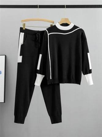 Yarn/Wool Color Block Crew Neck H-Line Long Sleeve Top With Pants Heavyweight Warmth Casual Two-Piece Set 3 Yarn/Wool Color Block Crew Neck H-Line Long Sleeve Top With Pants Heavyweight Warmth Casual Two-Piece Set - Image 3