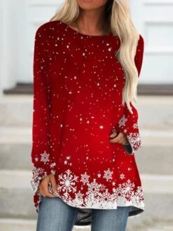 Christmas Long Sleeve Crew Neck Printed Top T-shirt TUNIC Xmas T-shirt